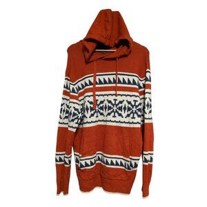 American Eagle Mens Large Rust Orange Aztec Knit Hoodie Sweater Blue White *FLAW